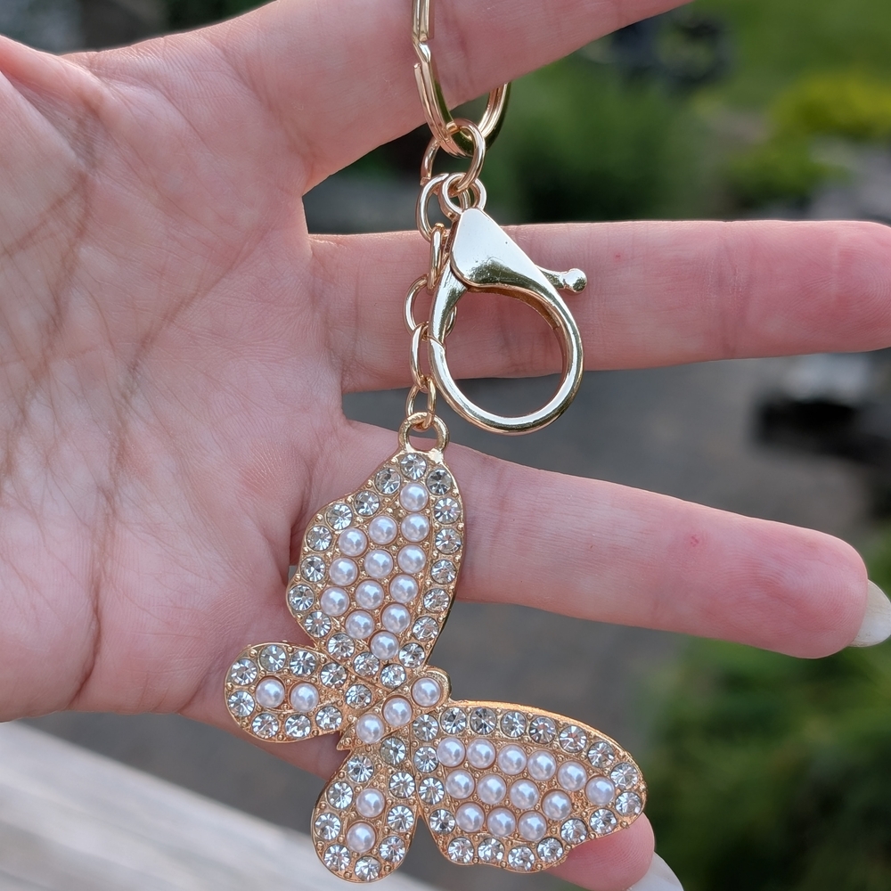 Gold "NIP" Butterfly Bag charm/Keychain with Rhinestones And Pearls